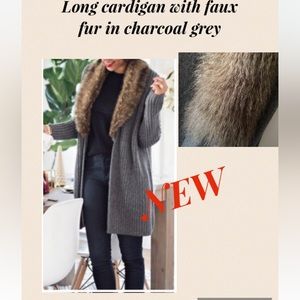 NEW Long cardigan with faux fur in charcoal grey